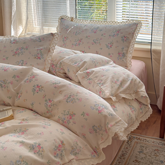 91家纺网 家纺一手货源 找家纺 曼之夏 2025新款A类全棉双层纱花边四件套 茉莉