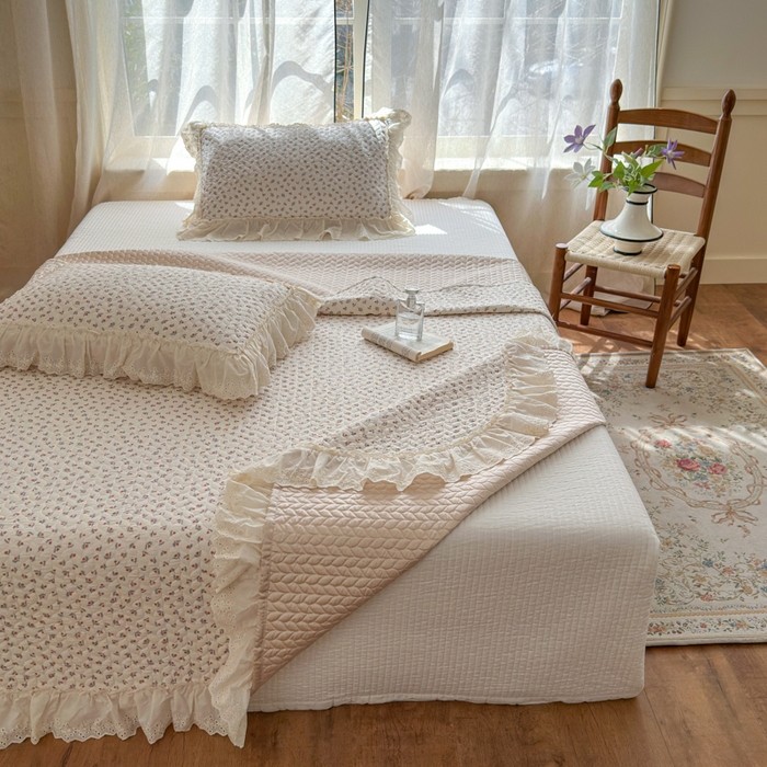 91家纺网 家纺一手货源 找家纺 淑女公社家纺  2025春夏新款法式纯棉双层纱夏被床盖四件套 小香郁