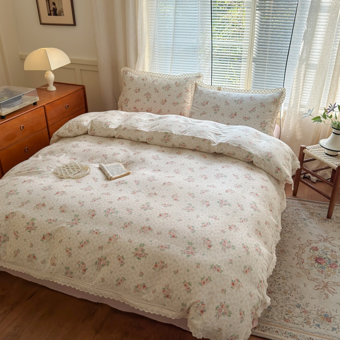 91家纺网 家纺一手货源 找家纺 曼之夏 2025新款A类全棉双层纱花边四件套 洛神玫瑰