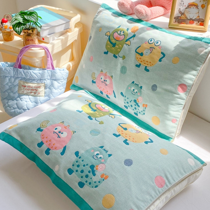 91家纺网 家纺一手货源 找家纺 美宜家 2025新款40*60儿童纯棉A类纱布枕巾乳胶专用高档枕巾 波点兽 一只