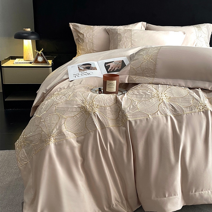 91家纺网 家纺一手货源 找家纺 优悦 2025新款冰丝简奢绣花四件套 北欧情调-香槟