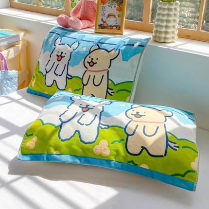 91家纺网 家纺一手货源 找家纺 美宜家 2025新款40*60儿童纯棉A类纱布枕巾乳胶专用高档枕巾 波点兽 一对