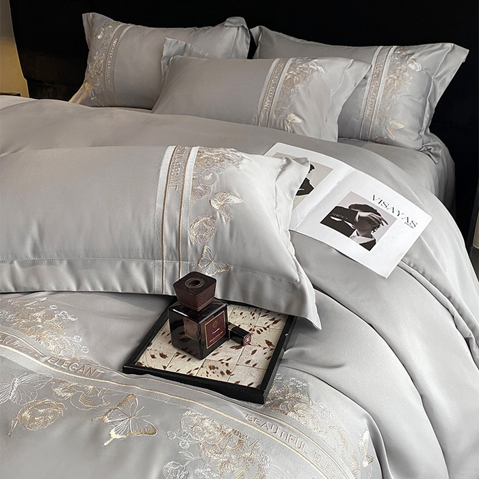 91家纺网 家纺一手货源 找家纺 优悦 2025新款冰丝简奢绣花四件套 巴黎旧梦-灰