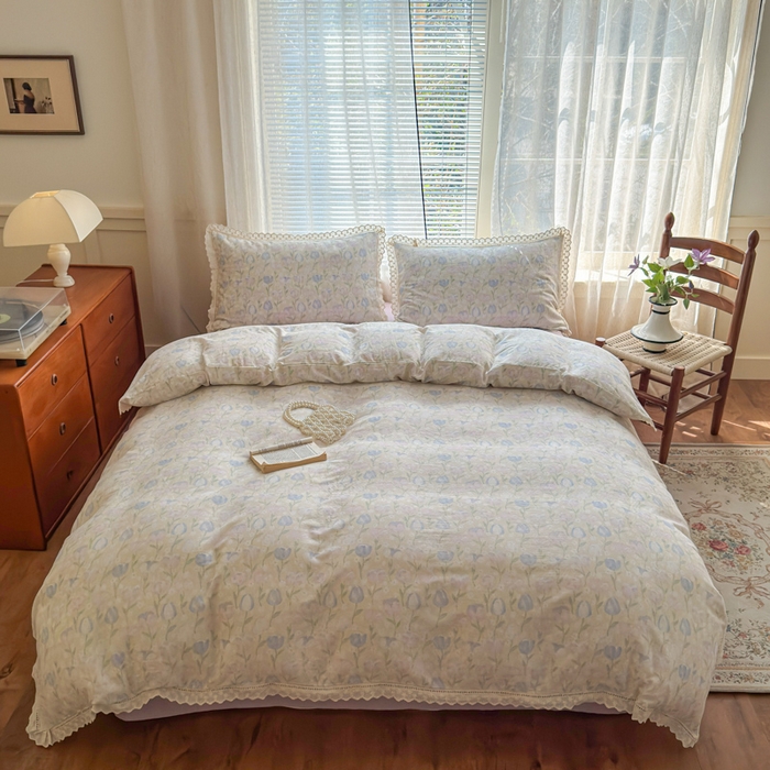 91家纺网 家纺一手货源 找家纺 曼之夏 2025新款A类全棉双层纱花边四件套 郁金香