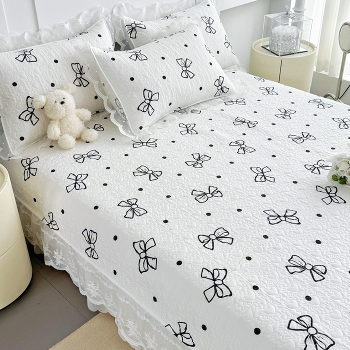 91家纺网 家纺一手货源 找家纺 添越 2024新款雪纺蕾丝款纯棉床盖四件套白色蝴蝶结