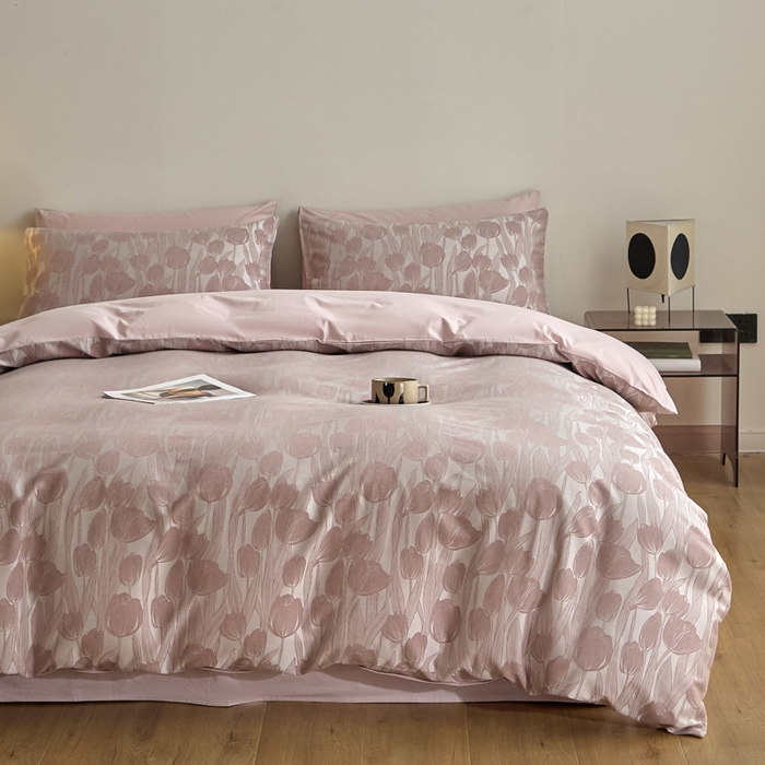 91家纺网 家纺一手货源 找家纺 琪格格纺织  2025新款色织天丝棉提花四件套 风之语-粉紫