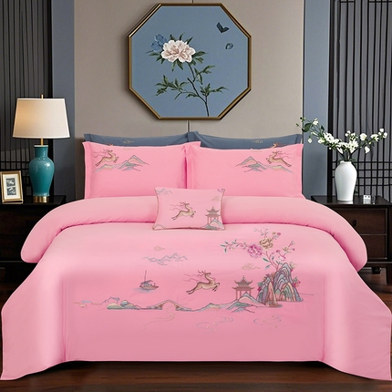 浩情国际婚庆供货中心 2026新款100支全棉高端刺绣四件套一鹿常红系列 一鹿常红-粉玉