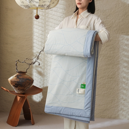 眠博士 2025新款A类全棉包边三层纱提花夏被四件套 包边三层纱夏被-曲线-蓝
