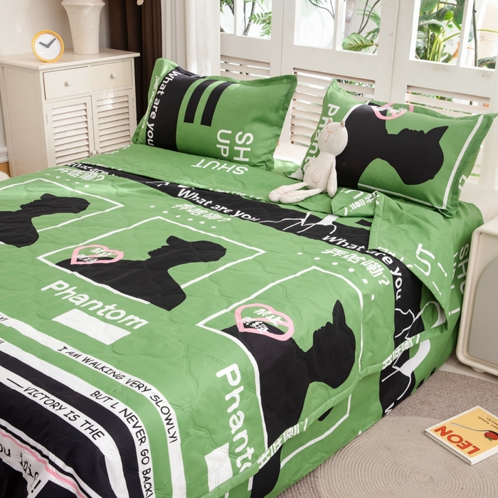 91家纺网 家纺一手货源 找家纺 乐居坊2025新款亲肤舒适印花芦荟棉夏凉被四件套 禁止蕉绿