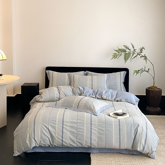 91家纺网 家纺一手货源 找家纺 旷野2025新款全棉纯棉色织空气层提花泡泡纱四件套 悉尼海岸-蓝