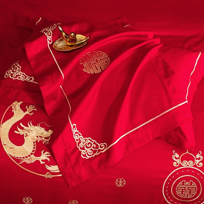 91家纺网 家纺一手货源 找家纺 晶缦家纺 2025新款喷气全棉13376婚庆绣花四件套 龙章凤姿