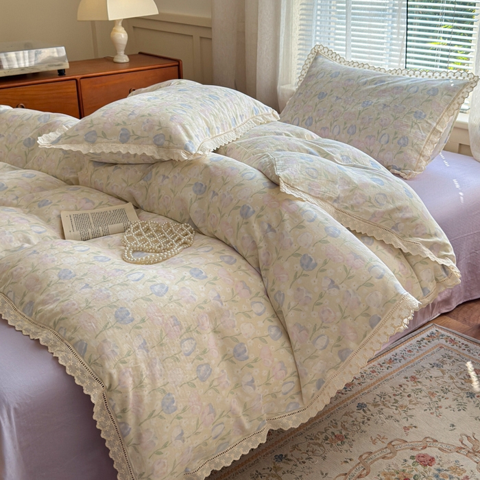 91家纺网 家纺一手货源 找家纺 曼之夏 2025新款A类全棉双层纱花边四件套 郁金香