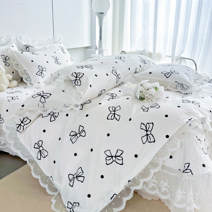 91家纺网 家纺一手货源 找家纺 添越 2024新款雪纺蕾丝款纯棉床盖四件套白色蝴蝶结