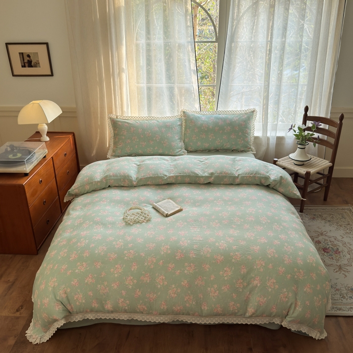 91家纺网 家纺一手货源 找家纺 曼之夏 2025新款A类全棉双层纱花边四件套 苏打绿