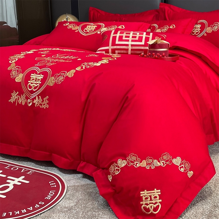 91家纺网 家纺一手货源 找家纺 晶缦家纺 2025新款喷气全棉13376婚庆绣花四件套 新婚快乐-金