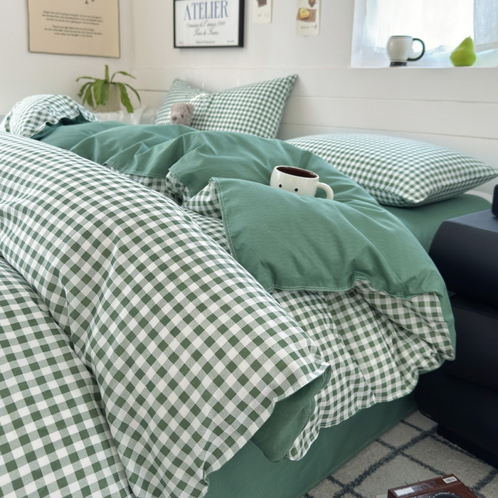 91家纺网 家纺一手货源 找家纺 可可家纺 2025新款印花卡通芦荟棉四件套亲肤床单被套三件套 绿小格