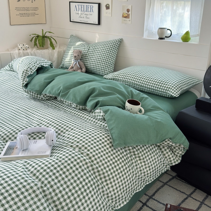 91家纺网 家纺一手货源 找家纺 可可家纺 2025新款印花卡通芦荟棉四件套亲肤床单被套三件套 绿小格