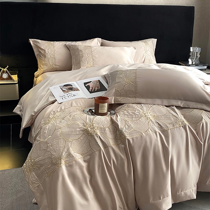 91家纺网 家纺一手货源 找家纺 优悦 2025新款冰丝简奢绣花四件套 北欧情调-香槟