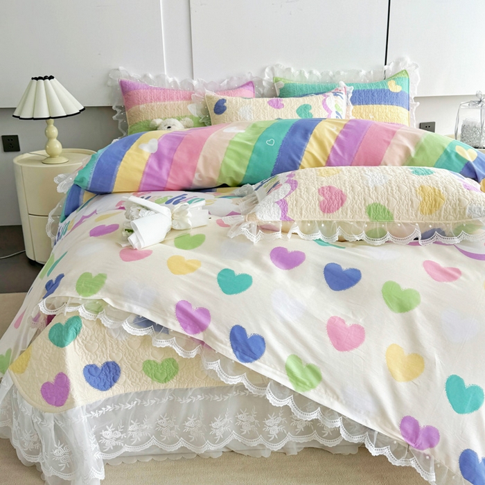 91家纺网 家纺一手货源 找家纺 添越 2024新款雪纺蕾丝款纯棉床盖四件套小彩虹