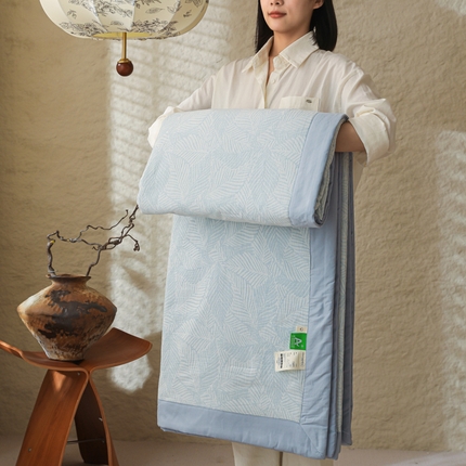 91家纺网 家纺一手货源 找家纺 眠博士 2025新款A类全棉包边三层纱提花夏被四件套 包边三层纱夏被-幸运叶-蓝