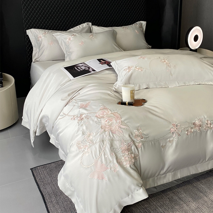 91家纺网 家纺一手货源 找家纺 优悦 2025新款冰丝简奢绣花四件套 雅韵佳人-绿