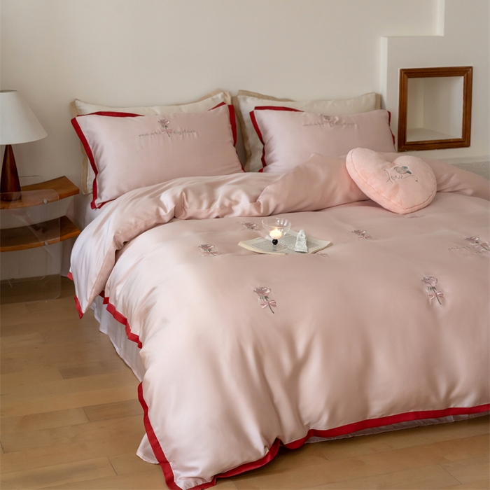 91家纺网 家纺一手货源 找家纺 FORTWO家纺原创设计（FOR TWO家纺） 2025新款60支兰精天丝毛巾绣四件套-断角款 木槿