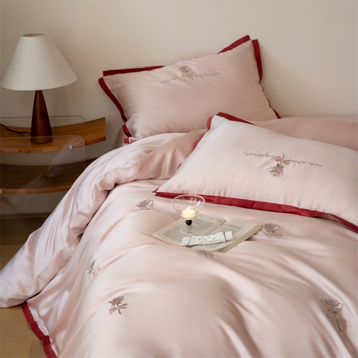 91家纺网 家纺一手货源 找家纺 FORTWO家纺原创设计（FOR TWO家纺） 2025新款60支兰精天丝毛巾绣四件套-断角款 木槿