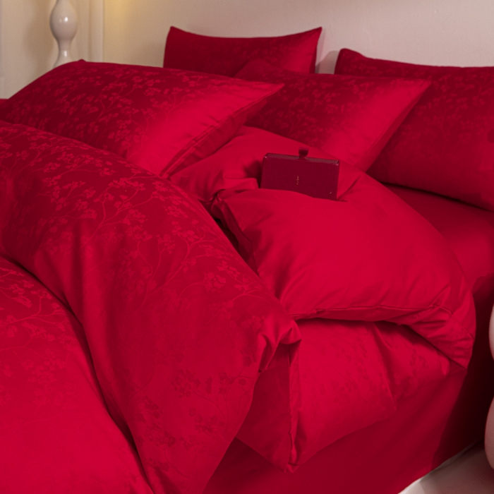 91家纺网 家纺一手货源 找家纺 琪格格纺织 2025新款纯棉婚庆四件套结婚用品提花简约婚庆 叶满良缘