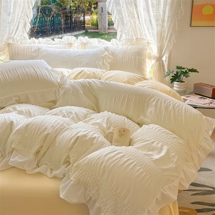 灰鲸2025新款泡泡纱公主风花边款四件套 泡泡纱花边款-奶昔白+奶油黄