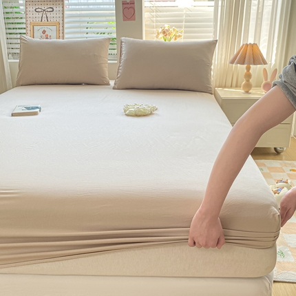 芷凡家纺 2025新款水洗皱皱云感棉纯色床笠 杏色