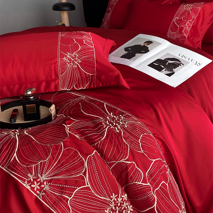 91家纺网 家纺一手货源 找家纺 优悦 2025新款冰丝简奢绣花四件套 北欧情调-红