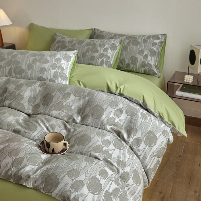 91家纺网 家纺一手货源 找家纺 琪格格纺织  2025新款色织天丝棉提花四件套 风之语-绿