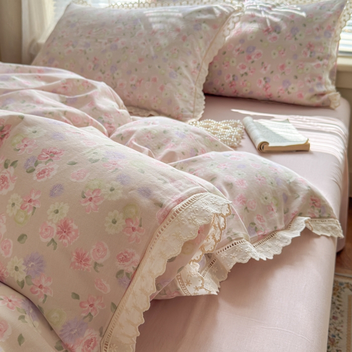 91家纺网 家纺一手货源 找家纺 曼之夏 2025新款A类全棉双层纱花边四件套 晚香玉