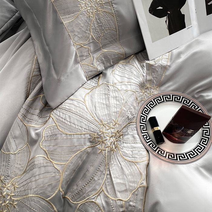 91家纺网 家纺一手货源 找家纺 优悦 2025新款冰丝简奢绣花四件套 北欧情调-灰