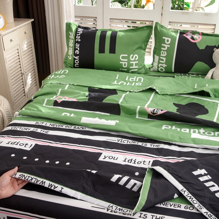 91家纺网 家纺一手货源 找家纺 乐居坊2025新款亲肤舒适印花芦荟棉夏凉被四件套 禁止蕉绿