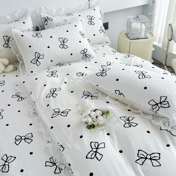 91家纺网 家纺一手货源 找家纺 添越 2024新款雪纺蕾丝款纯棉床盖四件套白色蝴蝶结