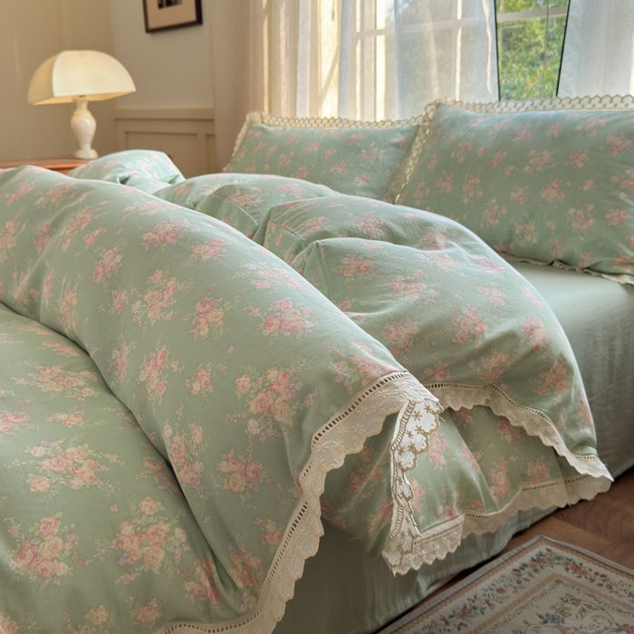 91家纺网 家纺一手货源 找家纺 曼之夏 2025新款A类全棉双层纱花边四件套 苏打绿