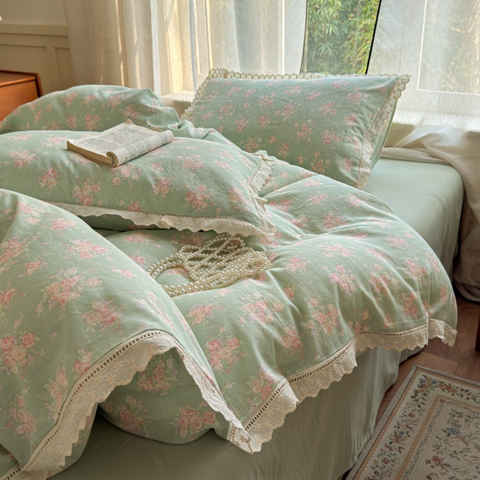 91家纺网 家纺一手货源 找家纺 曼之夏 2025新款A类全棉双层纱花边四件套 苏打绿
