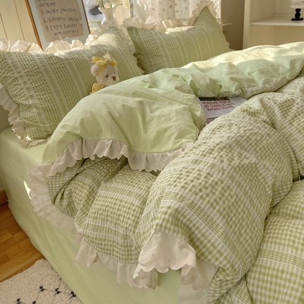 91家纺网 家纺一手货源 找家纺 轻奢坊 2025新款色织提花格子水洗棉仙仙花边安妮四件套 花边安妮-绿