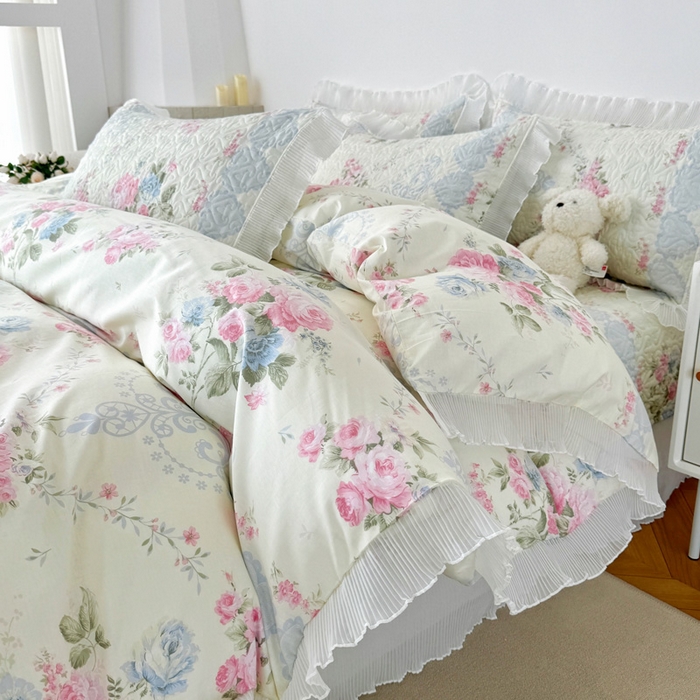 91家纺网 家纺一手货源 找家纺 添越 2024小清新韩版蕾丝花边纯棉夹棉床盖三件套全棉恋爱季节