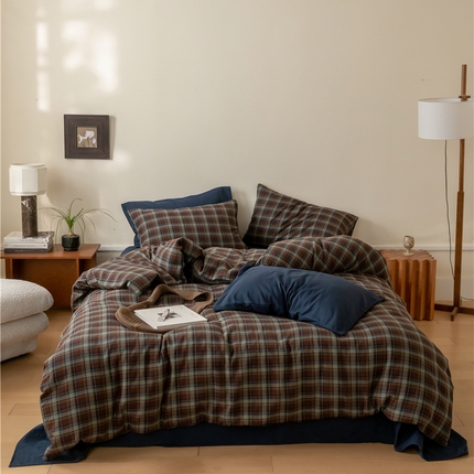 91家纺网 家纺一手货源 找家纺 佰亿莱 2025新款全棉色织双层纱拼色四件套 格尔