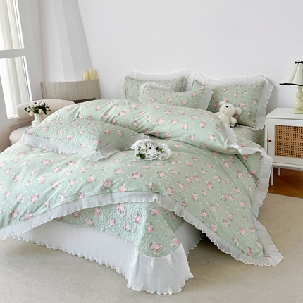 添越 2024小清新韩版蕾丝花边纯棉夹棉床盖三件套全棉花开半夏
