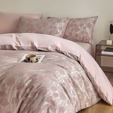 琪格格纺织  2025新款色织天丝棉提花四件套 风之语-粉紫