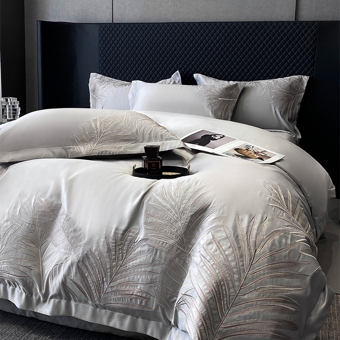 91家纺网 家纺一手货源 找家纺 优悦 2025新款冰丝简奢绣花四件套 流光岁月-灰