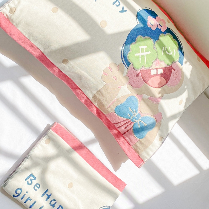 91家纺网 家纺一手货源 找家纺 美宜家 2025新款40*60儿童纯棉A类纱布枕巾乳胶专用高档枕巾 快乐 一只