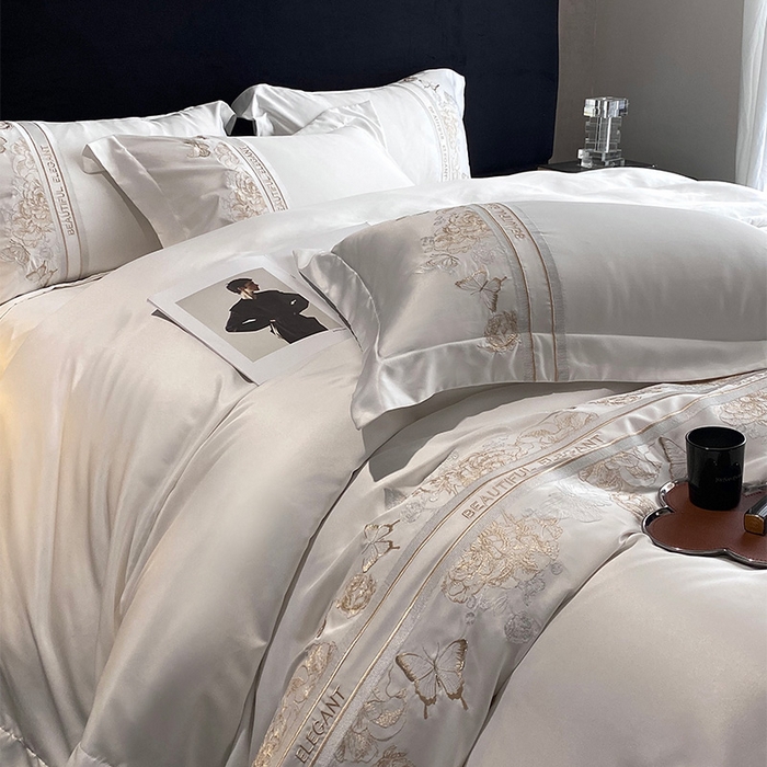 91家纺网 家纺一手货源 找家纺 优悦 2025新款冰丝简奢绣花四件套 巴黎旧梦-白
