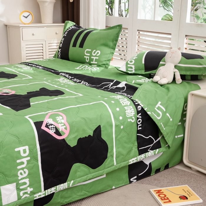 91家纺网 家纺一手货源 找家纺 乐居坊2025新款亲肤舒适印花芦荟棉夏凉被四件套 禁止蕉绿