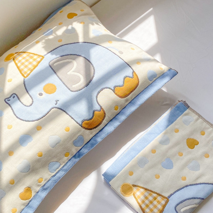 91家纺网 家纺一手货源 找家纺 美宜家 2025新款40*60儿童纯棉A类纱布枕巾乳胶专用高档枕巾 小象乐园 一对