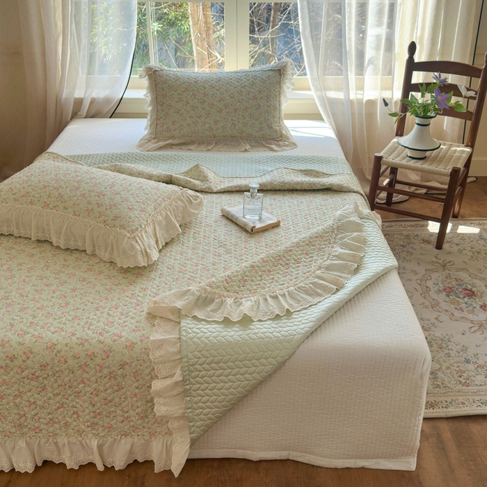 91家纺网 家纺一手货源 找家纺 淑女公社家纺  2025春夏新款法式纯棉双层纱夏被床盖四件套 春天里