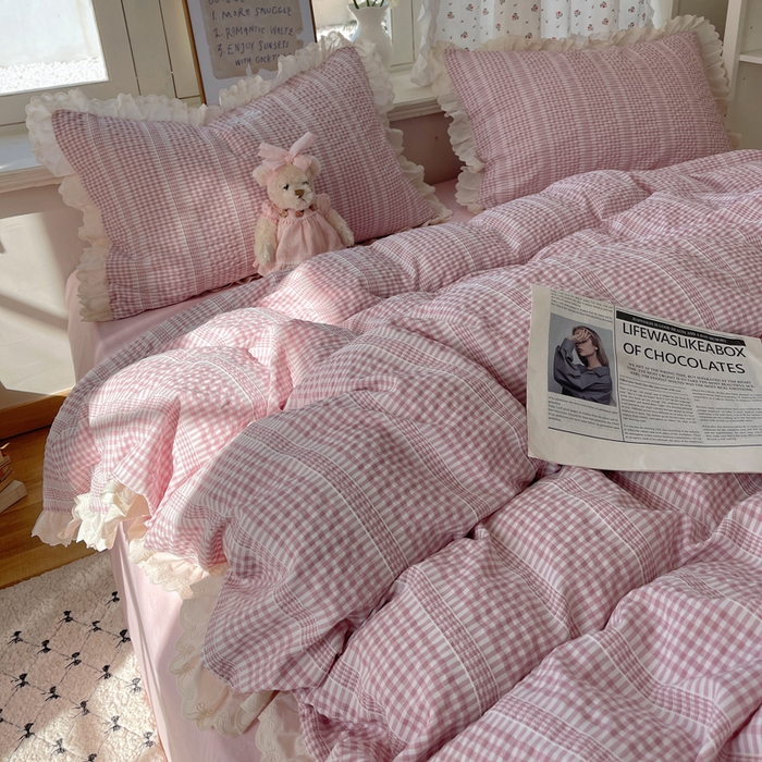 91家纺网 家纺一手货源 找家纺 （总）轻奢坊 2025新款色织提花格子水洗棉仙仙花边安妮四件套